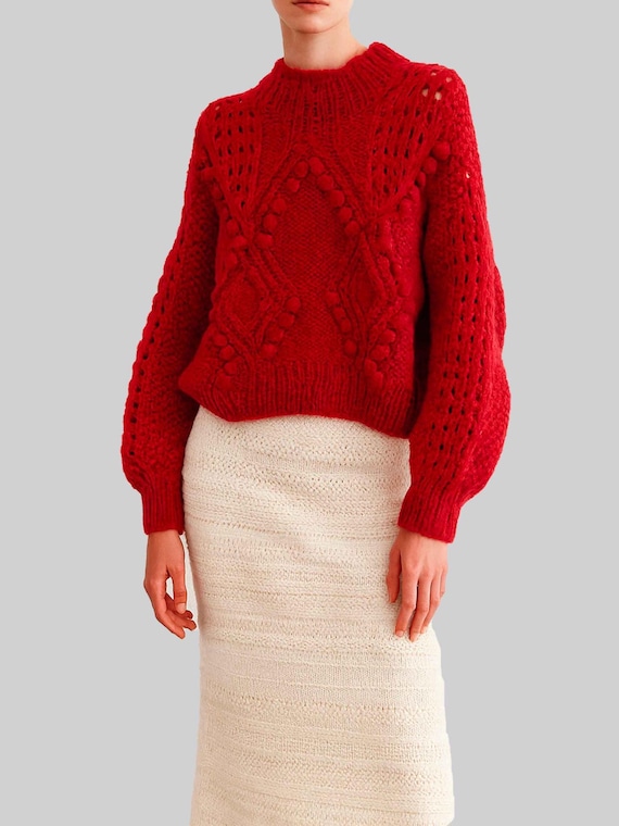 Red Cable Knit Alpaca Wool Sweater Dress, Oversized Winter Knitwear, Sustainable Women's Chunky Knit Sweater, Handcrafted in Peru