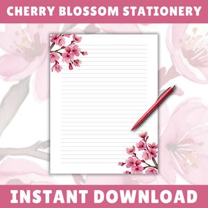 Papelería de flor de cerezo, páginas de escritura florales, suministros para diario Sakura de acuarela rosa brillante, descarga instantánea, impresión en casa