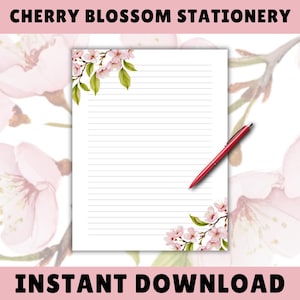 Papelería de flor de cerezo, páginas de escritura florales, suministros para diario Sakura en acuarela rosa suave, descarga instantánea, impresión en casa