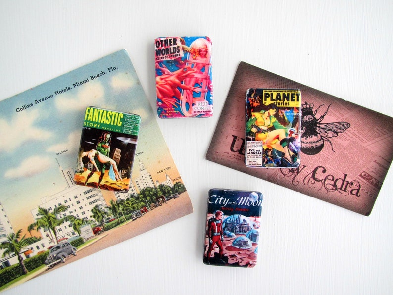 SciFi Vintage Mens Adventure Stories Magazine Covers Pulp Fiction Magnets Fridge Magnet Refrigerator Housewarming Kitchen Decor Small Gifts