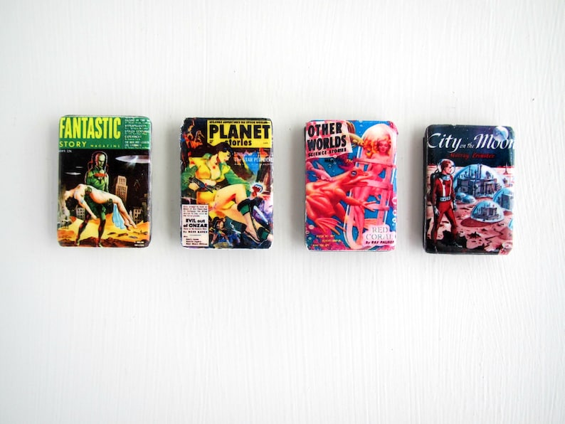 SciFi Vintage Mens Adventure Stories Magazine Covers Pulp Fiction Magnets Fridge Magnet Refrigerator Housewarming Kitchen Decor Small Gifts