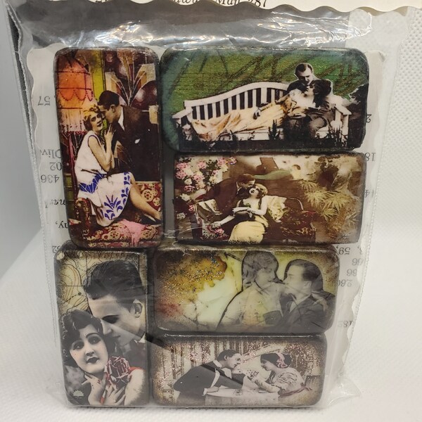 Vintage Lovers Flappers Romance Mixed Media Collage Altered Domino Magnets Fridge Magnet Refrigerator Housewarming Kitchen Decor Pequeños Regalos