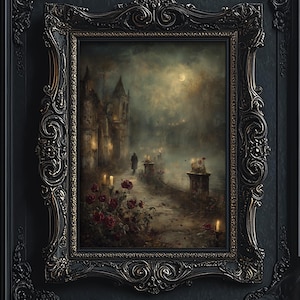 May include: A dramatic, gothic interior featuring a framed painting with a dark, atmospheric scene. The room includes a black leather armchair, intricate wall detailing, and a bookcase filled with books. The painting, with its ornate frame, is the centrepiece.