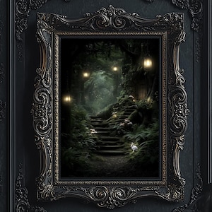 a luxurious living room with a large, ornate, gilded frame hanging on the wall, which features a painting of a forest path leading to a castle. The room is furnished with a black leather armchair and a bookshelf filled with books, creating an elegant and sophisticated atmosphere.