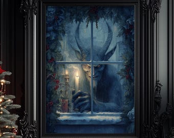 Krampus Wall Art, Gothic Christmas Print, Dark Yule Window Horror Decor