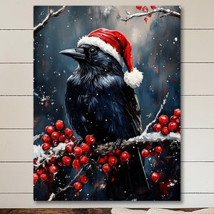 Raven on Holly Branch Print, Vintage Christmas Raven Wall Art, Gothmas Painting, Victorian Dark Academia, Creepmas, Winter Holiday 6-XMS090
