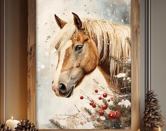May include: A watercolor painting of a brown horse's head with a white blaze, set against a snowy winter background with red berries. The painting is framed and hanging on a wall in a rustic home decor setting.