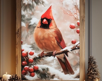 Winter Cardinal Print, Snowy Bird Wall Art, Christmas Seasonal Home Decor, Rustic Light Academia, Winter Forest Painting, Holly 6-XMS025