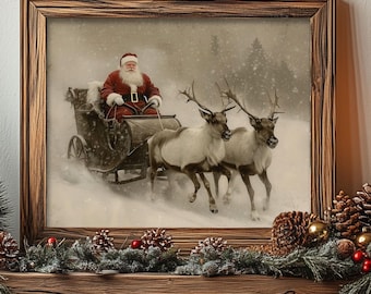 Vintage Santa Print, Santa Claus Wall Art, Santa on Sleigh with Reindeer Classic Christmas Painting, Moody Painting, Winter Holiday 6-XMS075