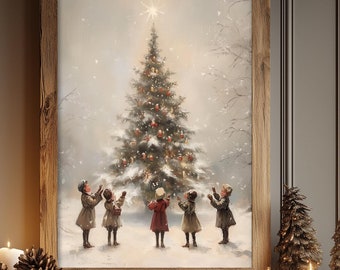Puede incluir: Una ilustración vintage de Navidad enmarcada de niños cantando villancicos alrededor de un árbol de Navidad decorado. La ilustración se muestra en una mesa consola de madera rústica con una guirnalda de ramas de pino y piñas. La mesa consola está decorada con velas y una manta de punto.
