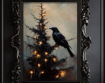 Raven on Christmas Tree Wall Art Print, Gothic Crow, Christmas Dark Academia, Cottagecore, Wildlife Painting, Christmas Tree Branch 6-XMS064