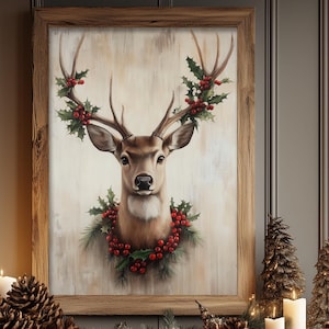 Arte de pared de renos, impresión de pintura de ciervos festivos, decoración navideña vintage, impresión de metal de naturaleza rústica, granja Holiday Dark Academia 6-XMS058