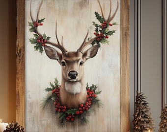 May include: A rustic wooden console table with a garland of pine branches and red berries. A framed painting of a deer with a holly wreath around its antlers hangs above the table. The table is decorated with candles and pine cones. The text "Designs by Linda Nee" is visible in the lower right corner of the image.