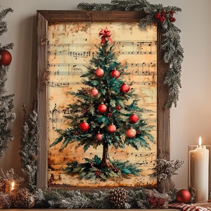 Vintage Notenbild Weihnachten Wandkunst, Weihnachtsbaum Ölgemälde Druck, Dark Academia, Cottagecore, Musiklehrer Geschenk, Hymns 6-XMS010