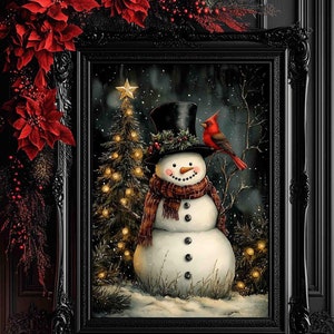 Schneemann und Kardinal, Weihnachtsdruck, Weihnachtsdekoration, Bauernhaus-rustikaler Winter, viktorianischer Metalldruck, dunkler Cottagecore-Feiertag 6-XMS045