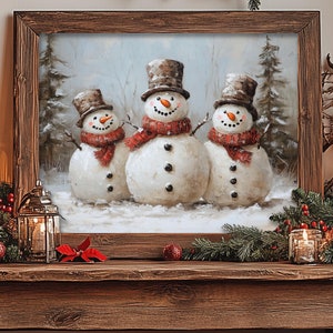 Vintage Snowman Decor, Christmas Wall Art Print, Farmhouse Rustic Winter, Snowman Family Metal Print, Cottagecore Holiday Painting 6-XMS007