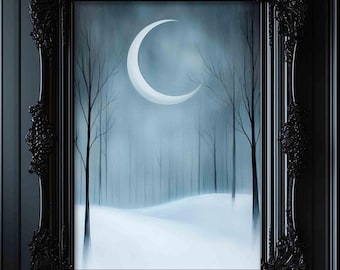 May include: A black velvet sofa with a red throw blanket and pillows in a dark room with a Christmas tree and a framed painting of a moonlit forest scene. The painting has the text "Designs by Linda Nee" in the bottom right corner.