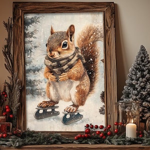 Winter Squirrel Print, Cute Woodland Animals, Christmas Squirrel Painting Print, Vintage Christmas Decor, Rustic Metal Farmhouse 6-XMS087