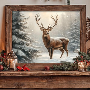 Snowy Forest Wall Art, Deer Painting Print, Christmas Decor, Rustic Nature Cottagecore Metal Print, Farmhouse Holiday Art, Reindeer 6-XMS022