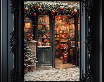 May include: A black framed print of a Christmas storefront with red and green decorations, hanging above the door. The storefront is decorated with Christmas lights and ornaments. The print is hanging on a black wall in a room with a black velvet sofa and a Christmas tree.