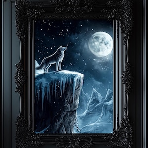Wolf Art Print, Howl at the Moon, Dark Gothic Fantasy, Mystical Dream, Moody Animal Wildlife Forest, Wolf Poster, Full Moon Cryptid 6-XMS069
