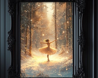 May include: A framed illustration of a ballerina dancing in a snowy forest. The frame is ornate and black, and the image is set against a dark, moody background. A Christmas tree with red ornaments is in the foreground.