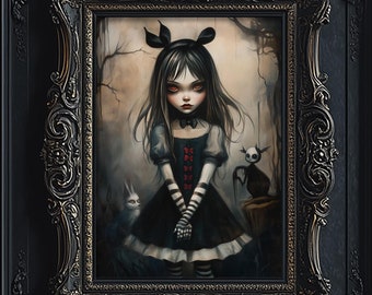 Alice i Underlandet konsttryck, mörk fantasikonst, gotisk väggdekor, vi är alla galna här, Dark Academia bokälskare present, viktoriansk 6-GOT039