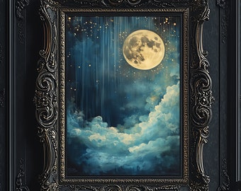 Puede incluir: Una impresión enmarcada de una luna llena en un cielo azul con nubes y estrellas fugaces. El marco es ornamentado y negro, y la impresión está colgada en una pared negra en una habitación con un sillón de cuero negro.