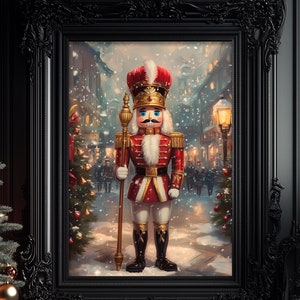 May include: A framed painting of a traditional Christmas nutcracker standing in a snowy village scene. The nutcracker is wearing a red and gold uniform with a tall hat. The painting is set against a black background with a Christmas tree and presents in the foreground.