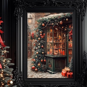 Christmas Tree Print, Victorian Christmas Wall Art, Traditional Oil Painting Print, Dark Academia, Winter Holiday Room Decor, Snowy 6-XMS044