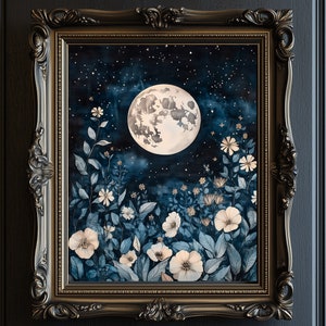Full Moon Botanical Art Print, Dark Academia, Dark Cottagecore Poster, Night Sky Painting, Celestial Wall Art, Vintage Inspired 6-GOT024