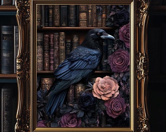 Gothic Raven on Antique Books Wall Art Print, Black Crow Poster, Dark Academia, Cottagecore, Book Print, Bird Lover Gift, Victorian 6-GOT035