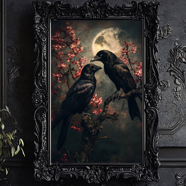 Raven Couple in Dark Forest Wall Art Print, Gothic Romantic Crow, Dark Academia, Cottagecore, Wildlife Painting, Floral Tree Branch 6-GOT004