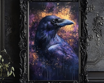 May include: A black raven with a purple hue is depicted in a painting. The raven is set against a background of gold and purple hues, creating a dramatic and mystical effect. The painting is framed in a black ornate frame.