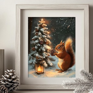 Christmas Squirrel Print, Squirrel Wall Art, Cute Winter Woodland Animals, Painting Vintage Christmas Decor, Rustic Metal Farmhouse 6-XMS088