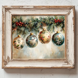 Impression vintage de boule de Noël, décoration murale de Noël, art mural des fêtes, peinture florale de Noël, guirlande de fleurs de houx victorienne 6-XMS072