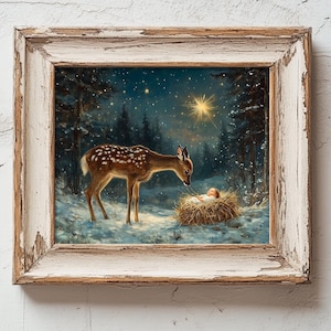Lámina de la Natividad del Niño Jesús y el ciervo, arte religioso de pared navideño, pesebre, cuadro de la Natividad, decoración cristiana, Salvador, cervatillo 6-XMS103