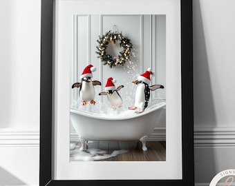 Cute Penguins in a Vintage Tub, Christmas Bathroom Wall Art Print, Animal Art, Animal Humor, Penguin Wearing Santa Hats, Kids Room 6-XMS002