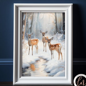 Snowy Forest Wall Art, Deer Painting Print, Christmas Decor, Rustic Nature Cottagecore Metal Print, Farmhouse Holiday Art, Reindeer 6-XMS056