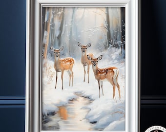 May include: A painting of three deer fawns standing in a snowy forest. The fawns are brown with white spots and have large, dark eyes. The forest is covered in snow and there is a small stream running through it.