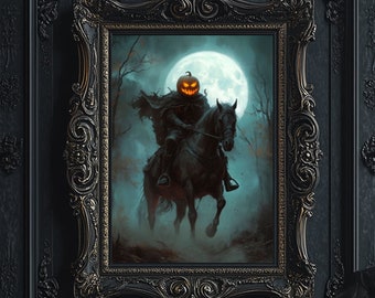 Impressão artística do Cavaleiro Sem Cabeça, A Lenda do Cavaleiro Sem Cabeça, Estilo Gótico Sombrio Academia, Halloween Samhain, Macabro, Assustador, Sinistro, Terror 6-HAL003