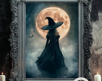 Gothic Witch Forest Fine Art Print, Fantasy Full Moon Halloween Wall Decor, Dark Academia Art, Witchcraft Art, Occult, Victorian 6-HAL006