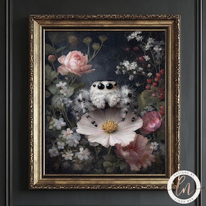 A framed painting depicting a spider sitting on a flower, surrounded by various flowers and foliage.