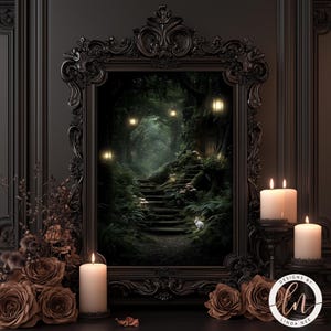 a dark, ornate frame with a painting of a forest path with a rabbit in the distance, surrounded by lit candles and flowers.