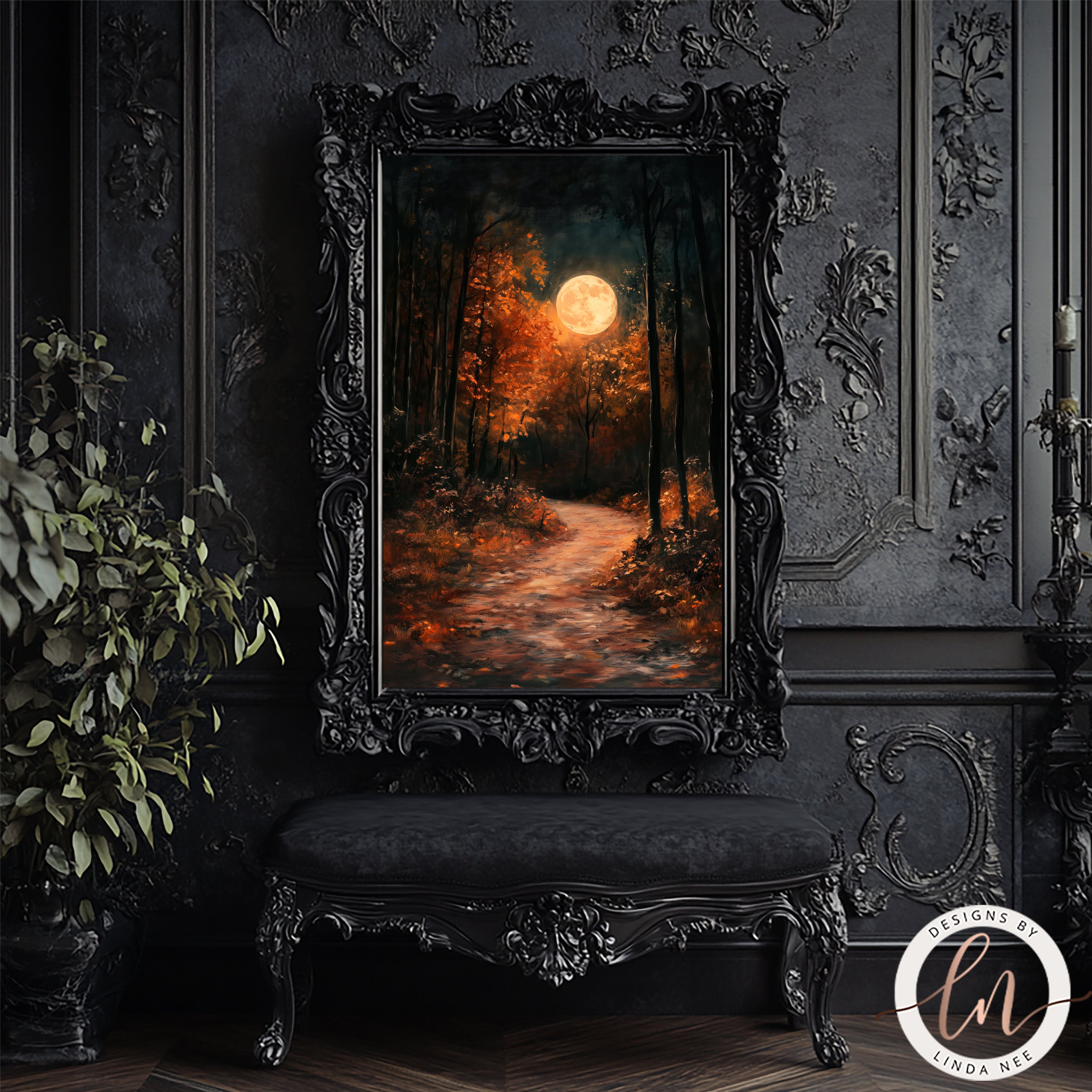 Autumn Full Moon Dark Forest Art Print, Dark Cottagecore, Moody Fall ...
