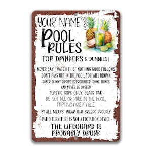 Personalized Pool Rules Sign, Poolside Bar Sign, Rules for Drinkers and Dummies, Custom Bar Decor, Lifeguard is Drunk, Do Not Pee P-SUM022