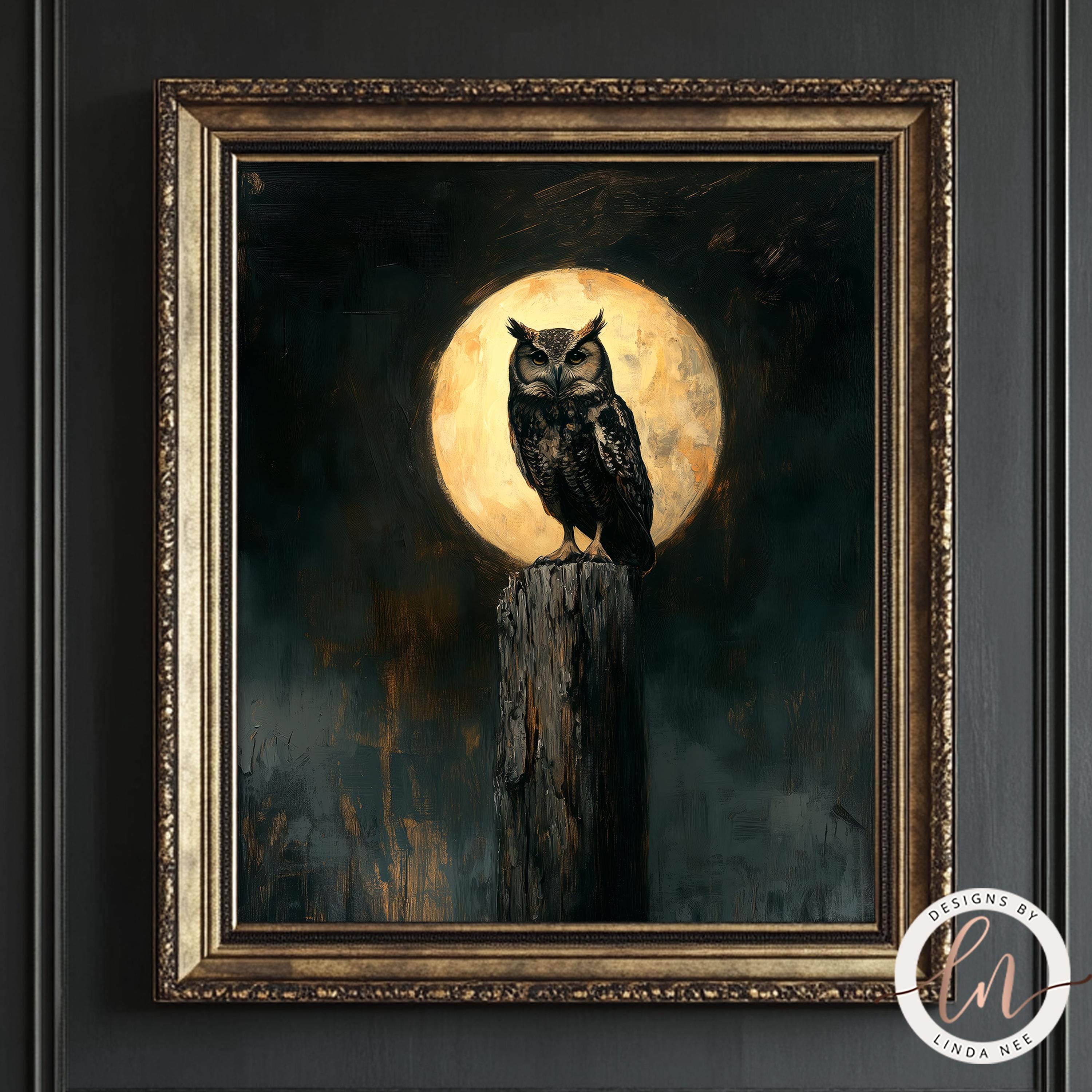 Gothic Owl Painting, Dark Academia Full Moon Owl Wall Art Print, Rustic ...