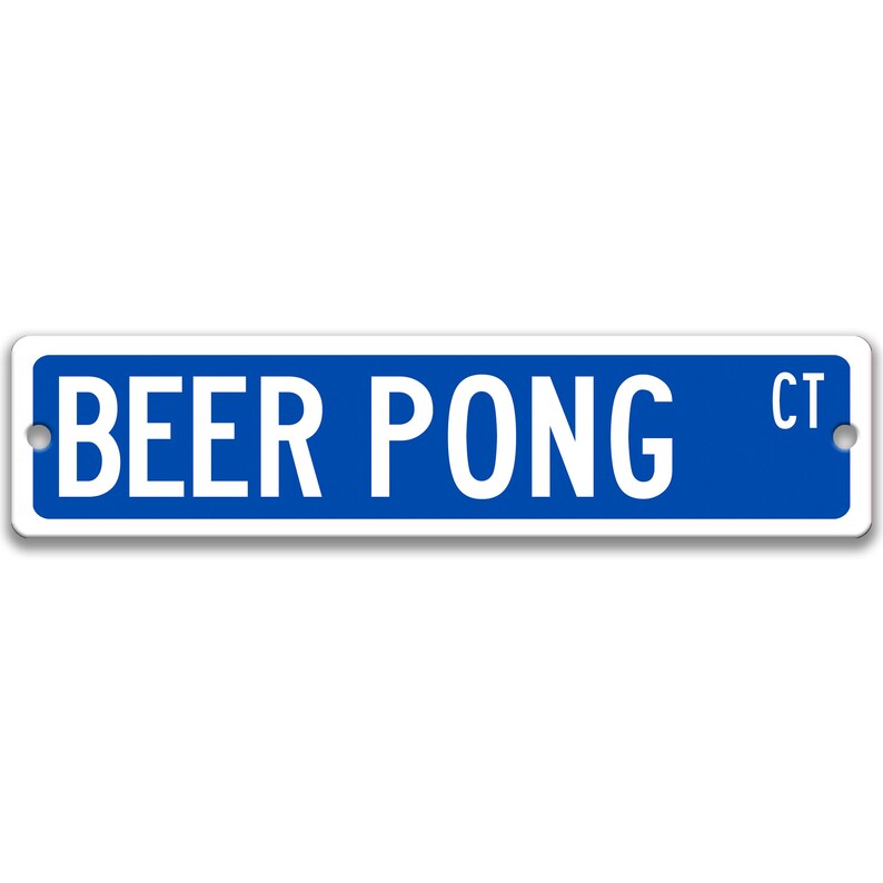 以下が含まれることがあります： 「BEER PONG CT」と書かれた青と白の街路標識です。