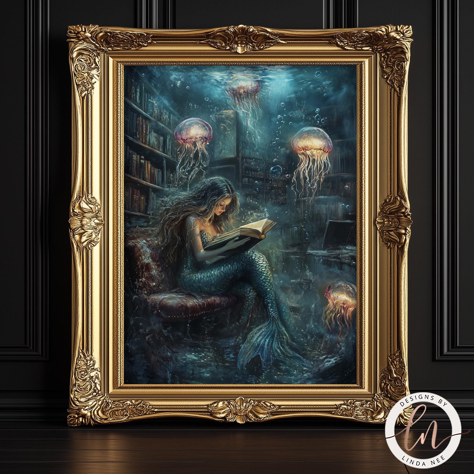 Mermaid Lib Surreal Mermaid Library Print, Dark Fantasy Reader Wall Art, Jellyfish ...