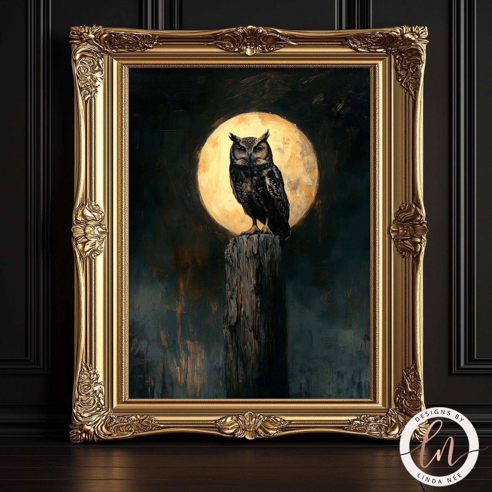 Gothic Owl Painting, Dark Academia Full Moon Owl Wall Art Print, Rustic ...